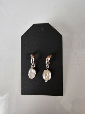 Silver Tone Cultured Freshwater Keshi Pearl Drop Fashion Earrings NWT